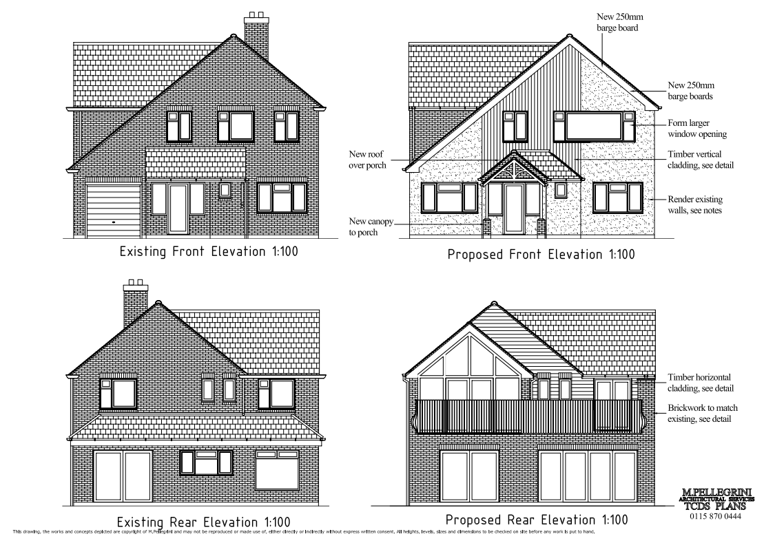 TCDS Plans Architectural Services Leicester Architectural elevations of front porches and rear balconies.